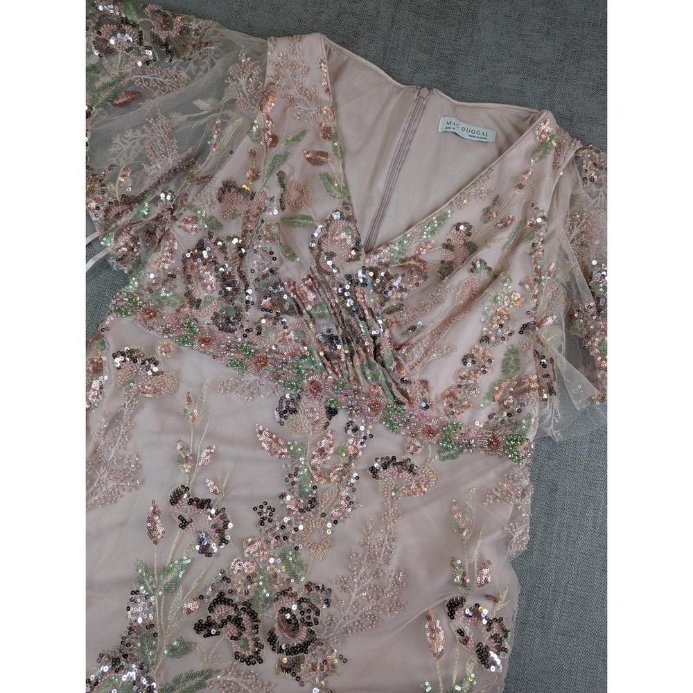 Mac Duggal Dress Womens Sz 16 Rose Pink Floral Sequin V-Neck Formal Gown